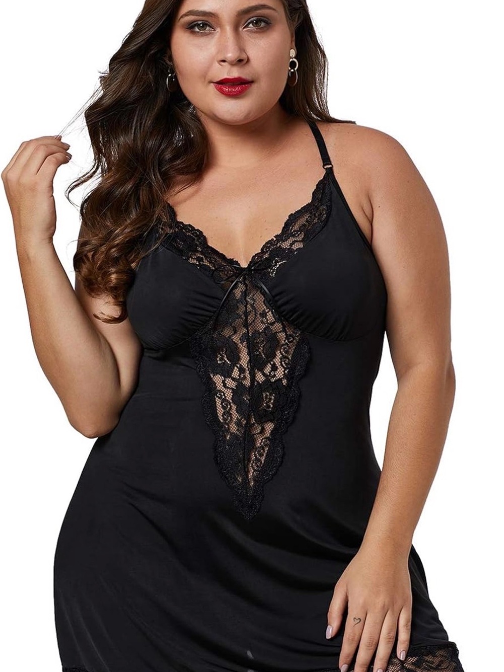 Plus Size Black Lace-Front Chemise with Adjustable Straps